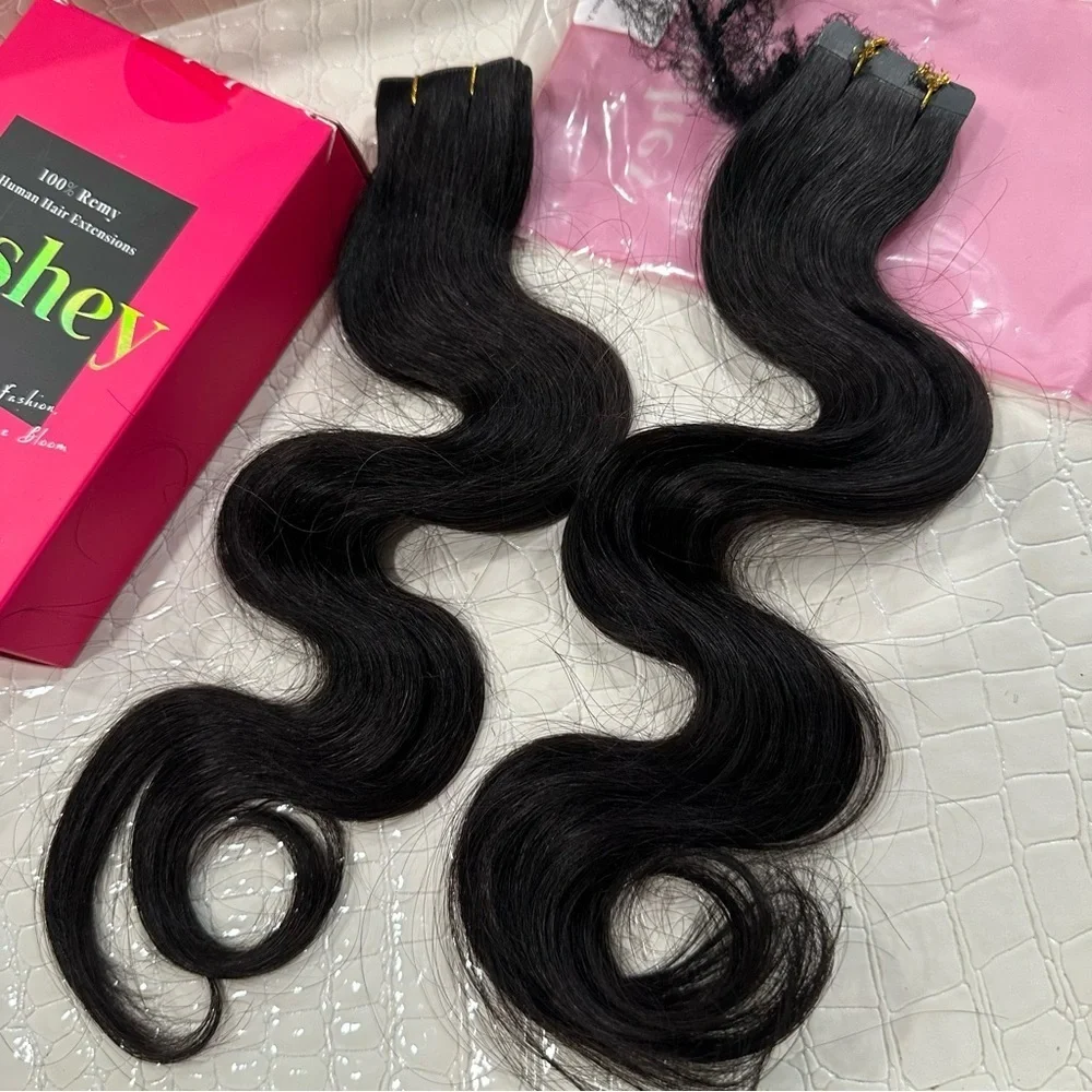 16” Natural Black Body Wave Invisi Edge Tape In Human Hair Extensions 50g #TF8